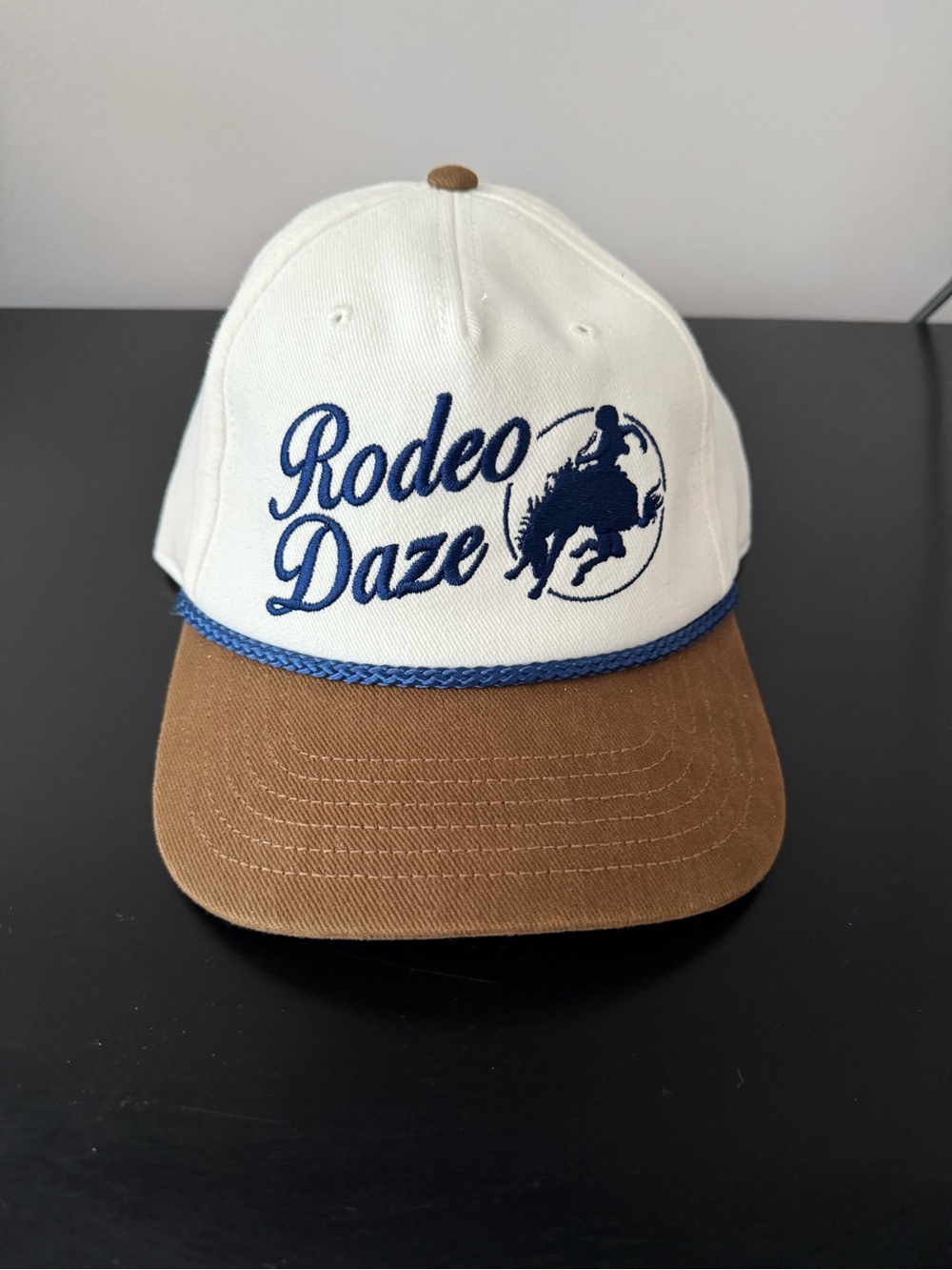 Rodeo Daze White & Brown Trucker Hat with Blue Embroidery